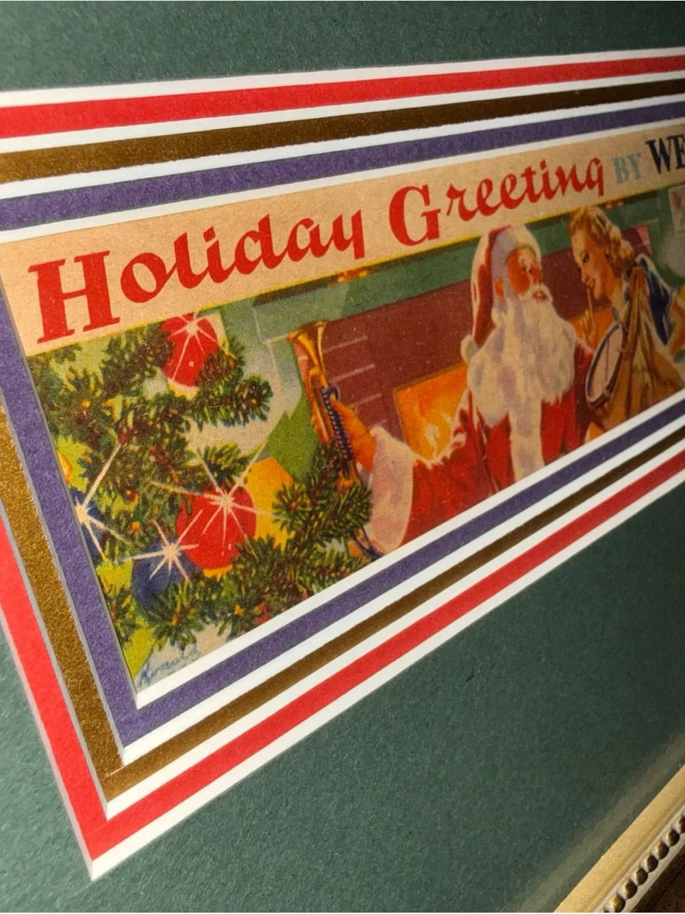 1940s western union Holiday Greeting telegram Print - Green Mat with gold frame